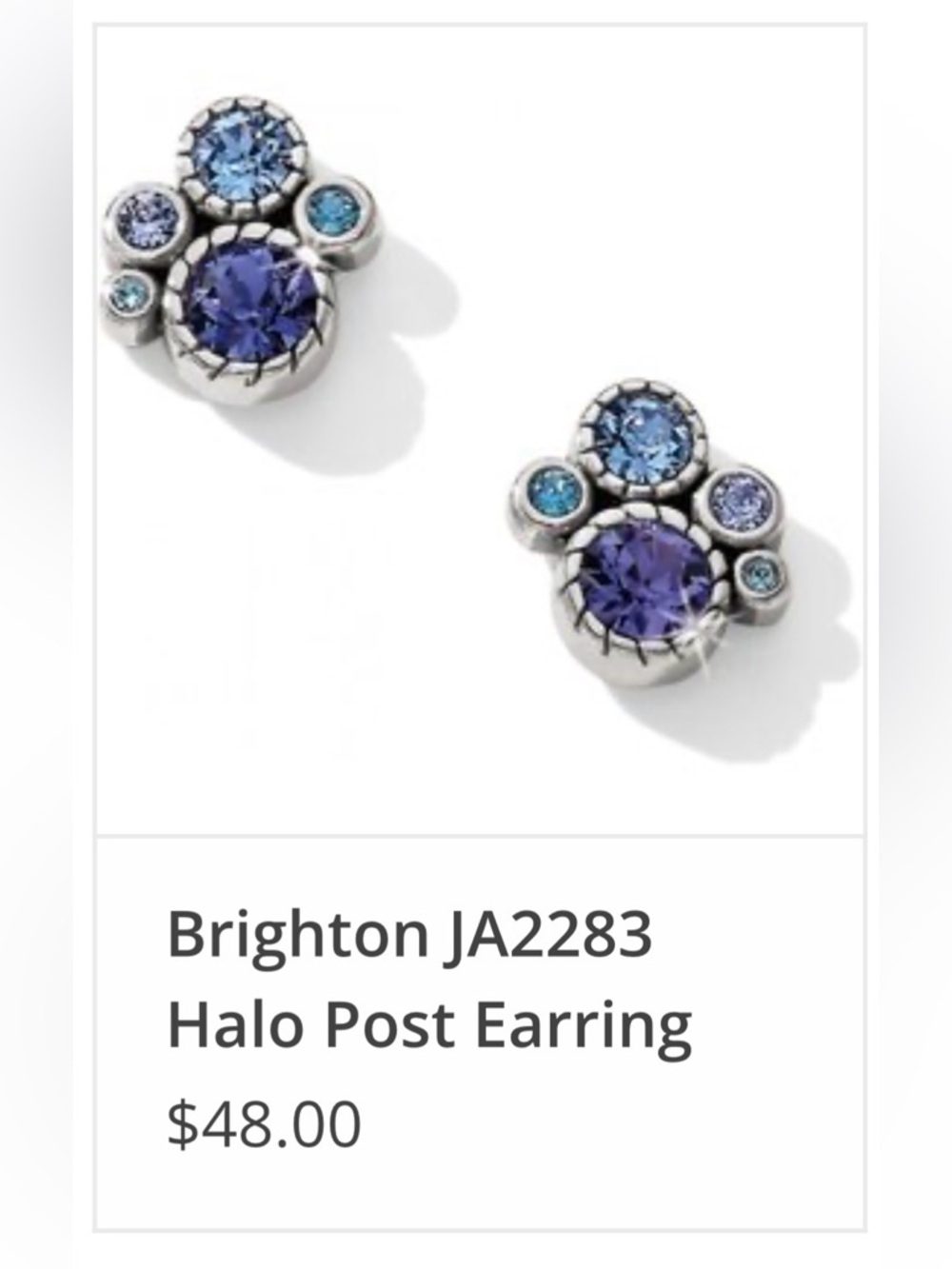 🩵 NWT BRIGHTON HALO TANZANITE PURPLE BLUE HUES SWAROVSKI CRYST SLVR POST EARRING